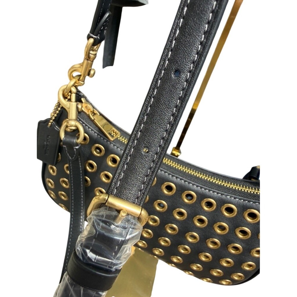 Coach Black Leather Grommet Shoulder Bag Gold Studs CY646 NWT - Picture 7 of 16